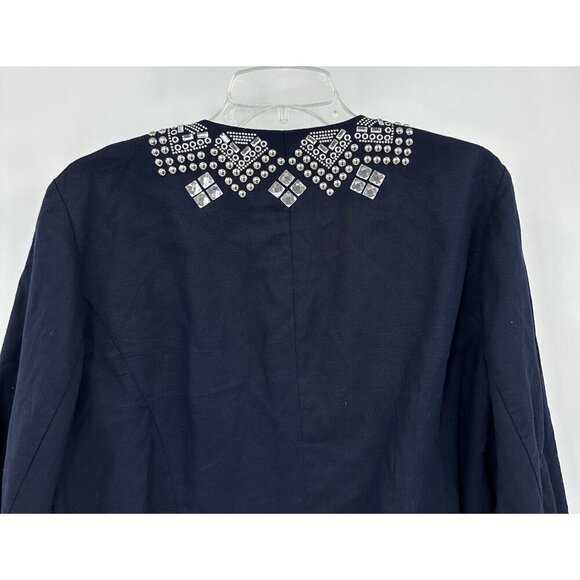 CHICOS jacket blazer linen cotton embellished studded rhinestones blue M L 2 - Picture 6 of 8